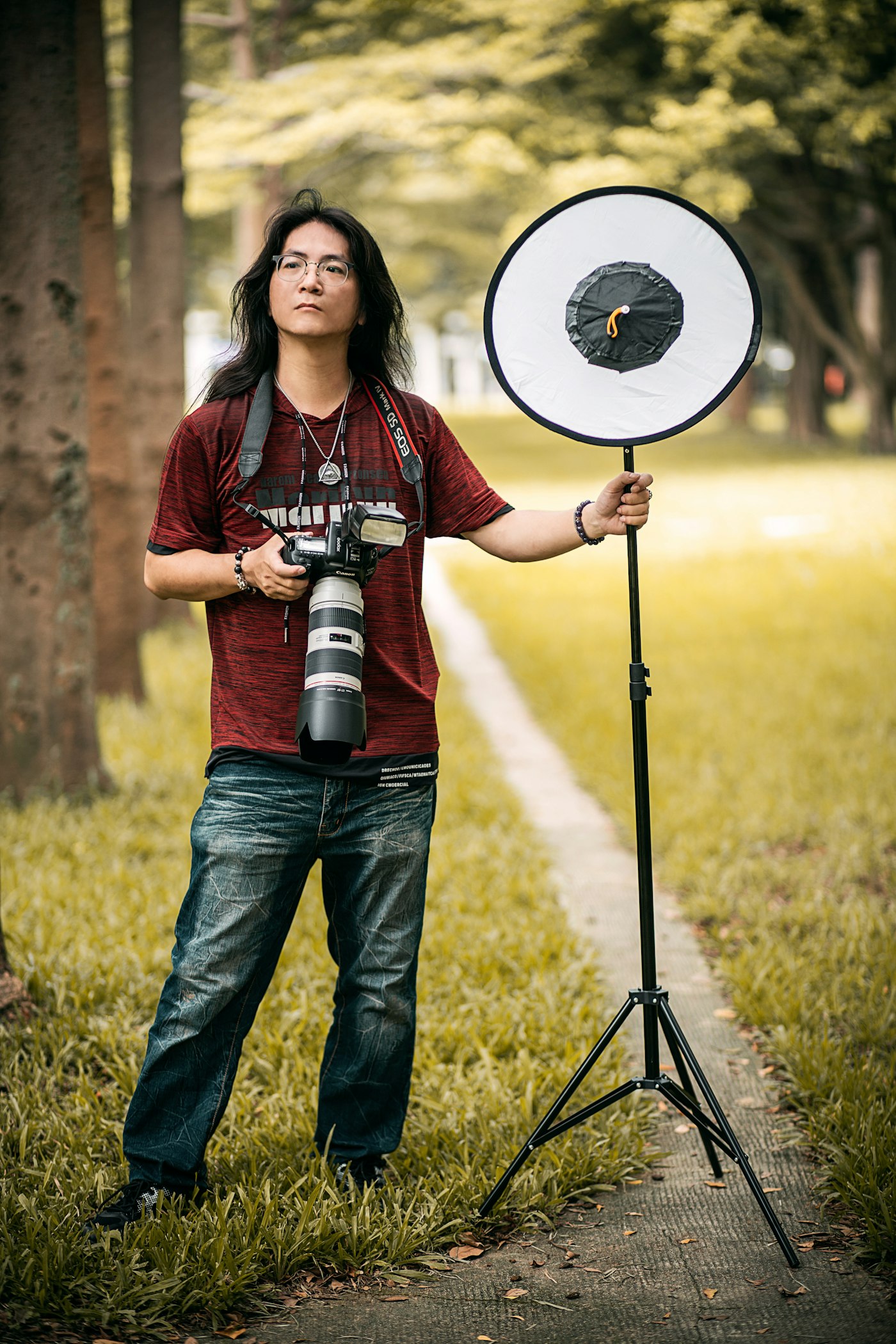 Photographer outdoors with a camera and ring reflector